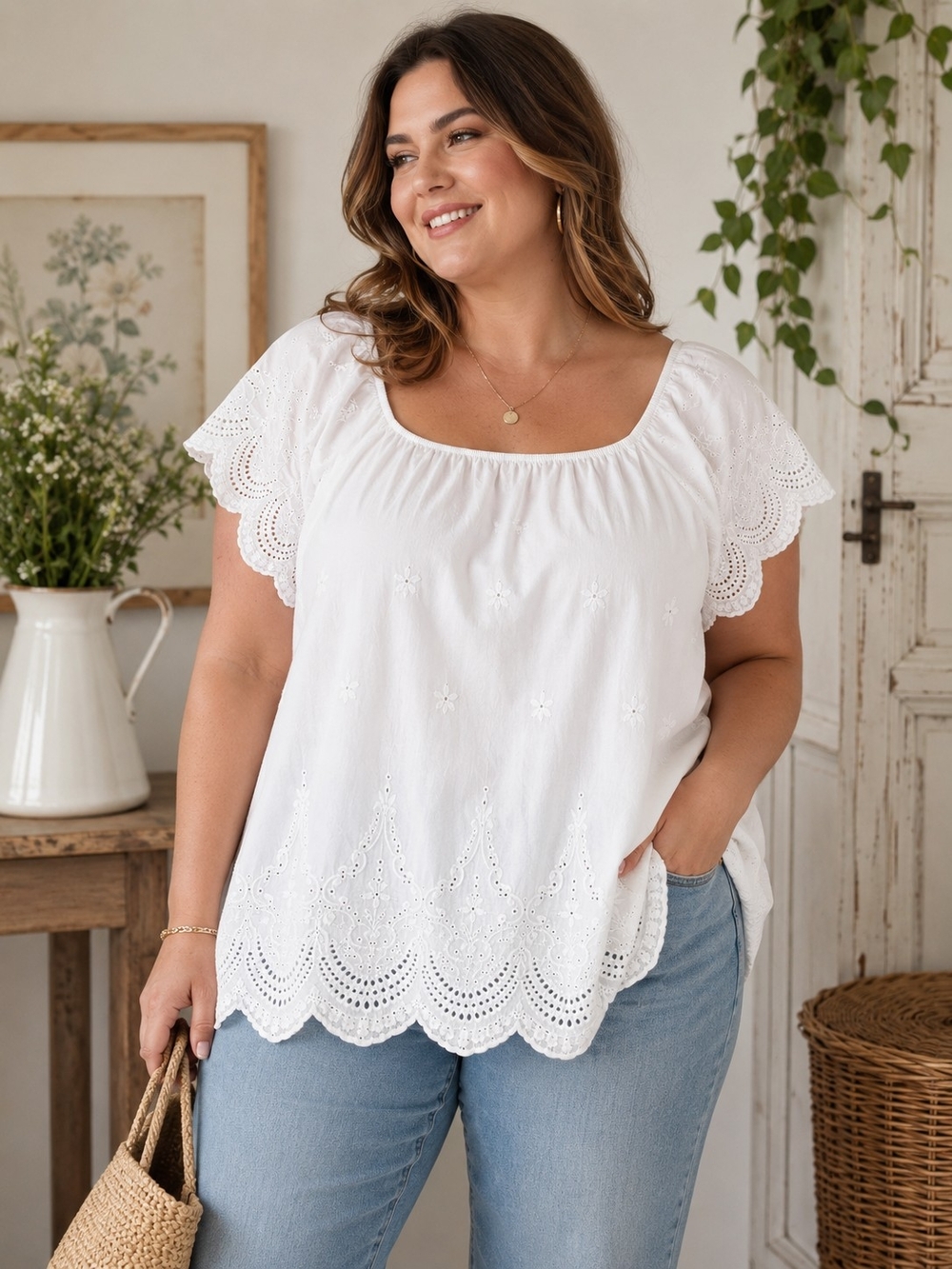BKK Chance White Eyelet Embroidered Peasant Blouse 3X Boho Cottagecore Top